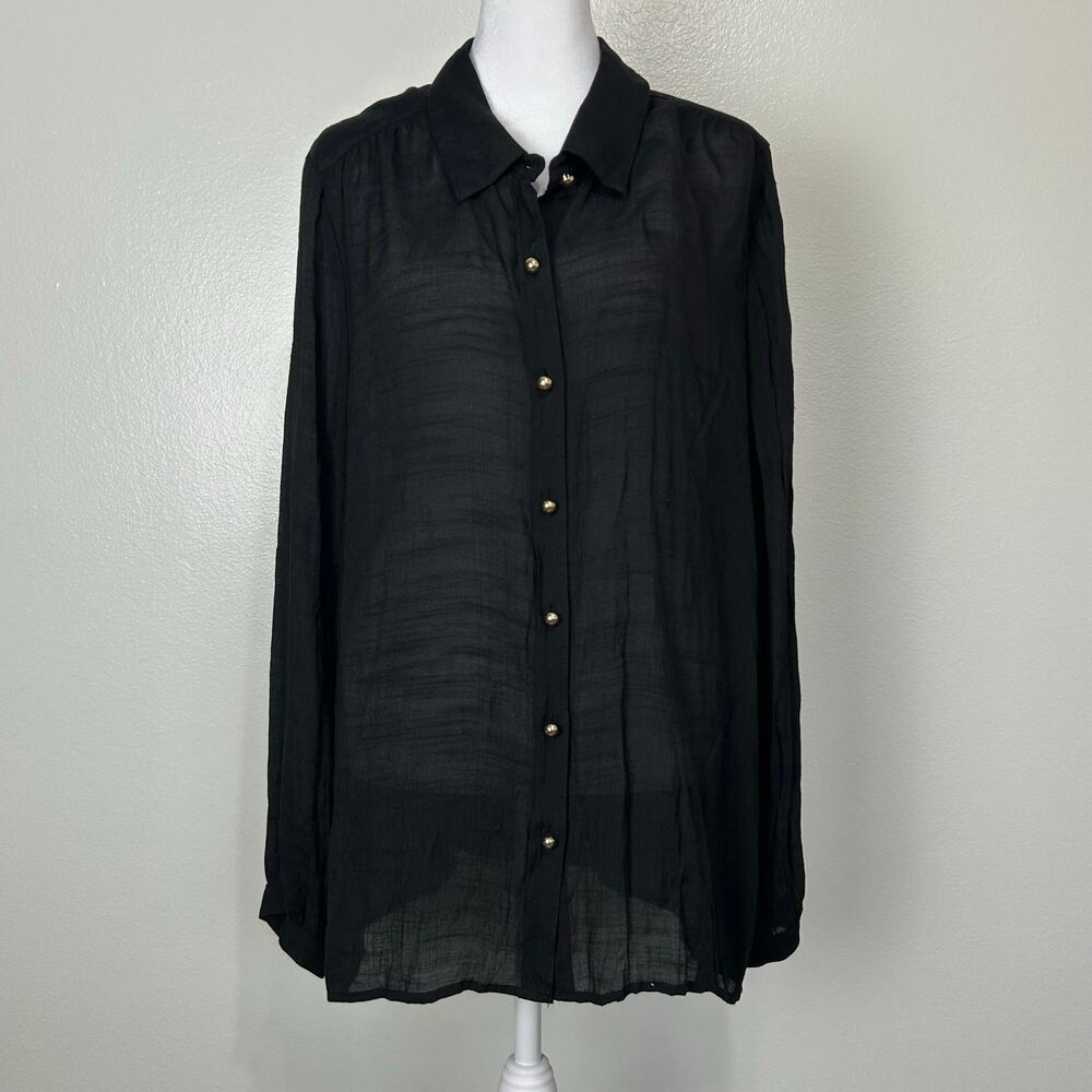 Sunny Leigh NWT XL 90s Y2K Solid Black Shirt Gold Button up Long Sleeve